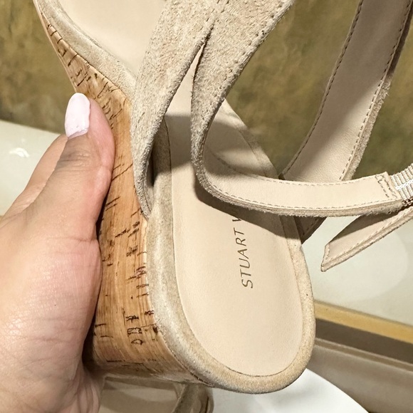 Stuart Weitzman "AVE" Cork Wedge Suede Sandals - $495 - Beige/Tan - Size 9 - Picture 11 of 14